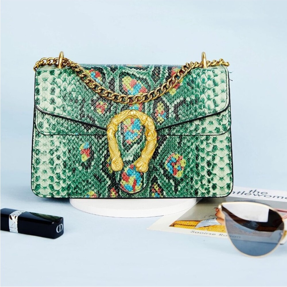 Luxury Green SnakeskinVegan Leather Gold Chain Purse Crossbody Satchel Bag - Picture 4 of 9